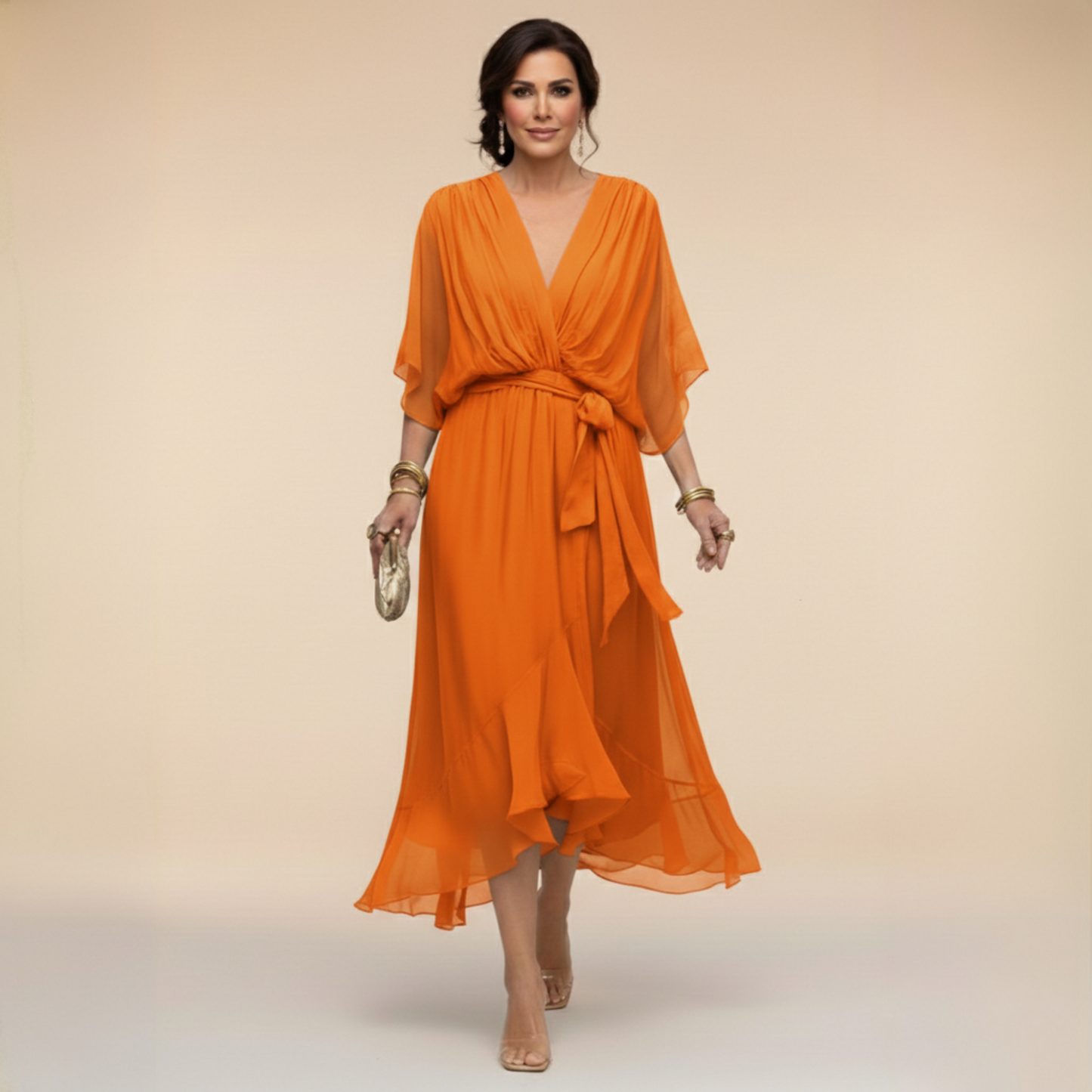 Monica | Vestido midi fluido con escote en V y manga larga