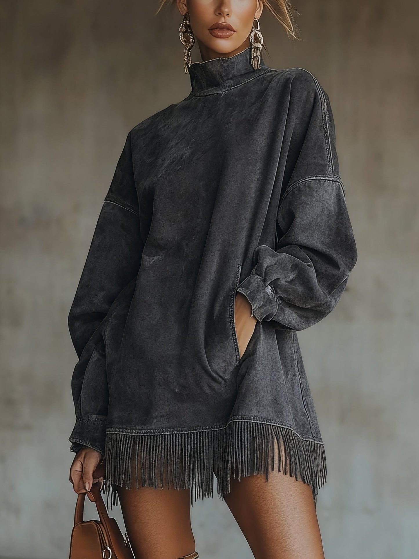 VESTIDO OVERSIZE DE ANTE CON FLECOS