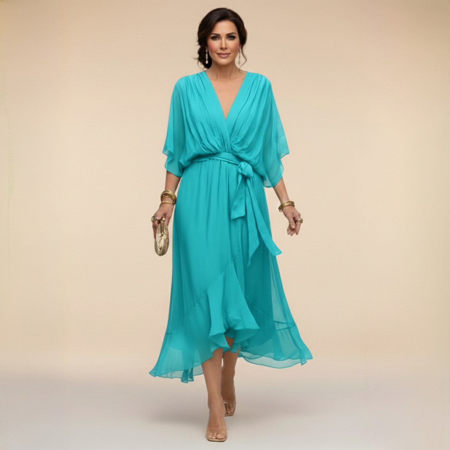 Monica | Vestido midi fluido con escote en V y manga larga