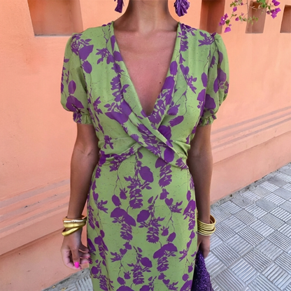 Andrea | Vestido midi estampado con escote en V y manga corta