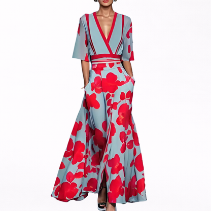 Valentina | Vestido largo estampado con escote en V y cintura definida