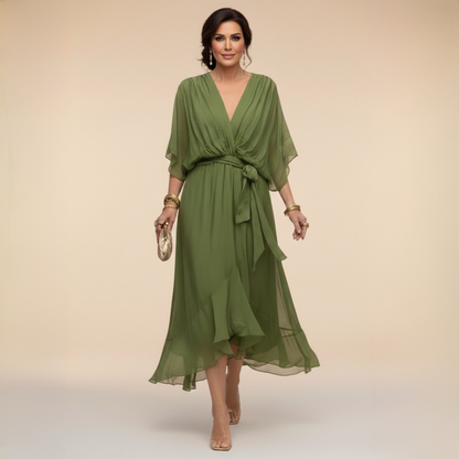 Monica | Vestido midi fluido con escote en V y manga larga