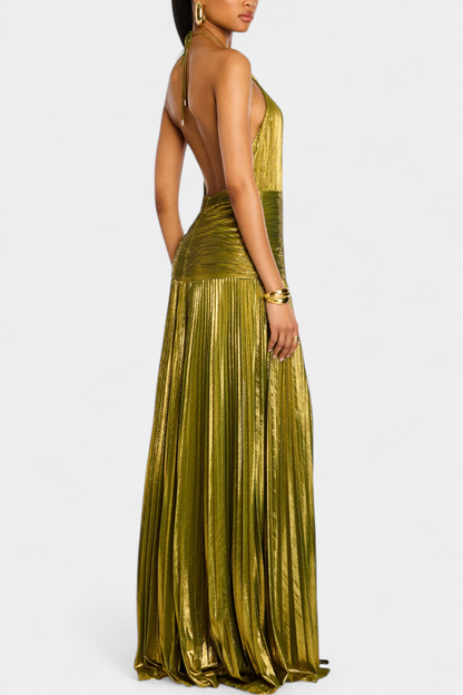 Emma | Vestido largo halter con tejido metálico y abertura lateral