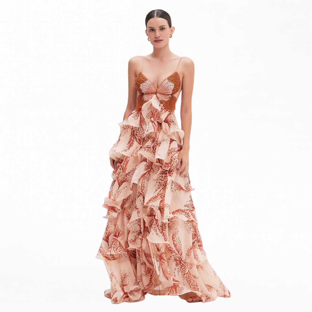 Nahia | Vestido largo con volantes y escote halter estampado