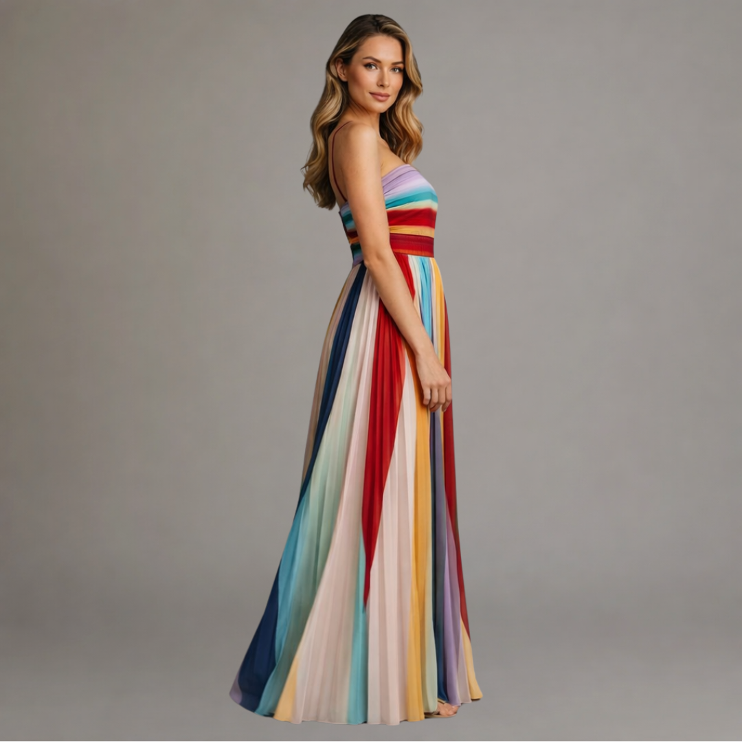 Giulia | Vestido largo sin tirantes con estampado de rayas multicolor