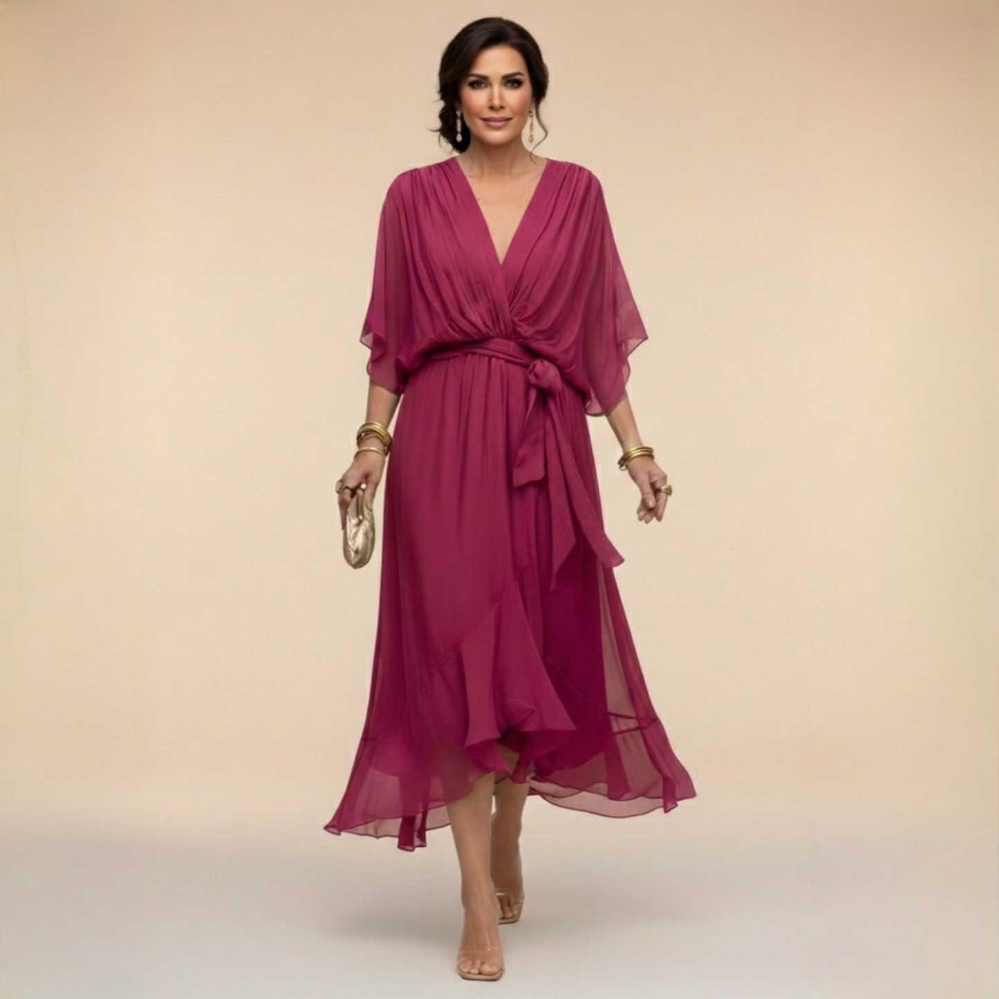 Monica | Vestido midi fluido con escote en V y manga larga