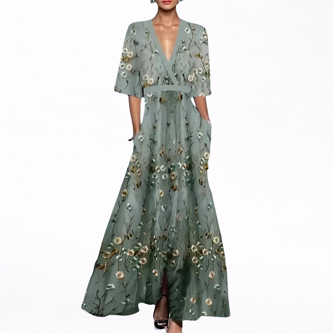 Valentina | Vestido largo estampado con escote en V y cintura definida
