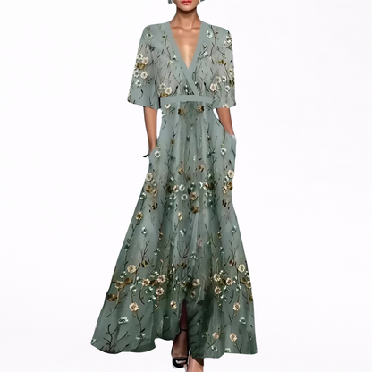 Valentina | Vestido largo estampado con escote en V y cintura definida