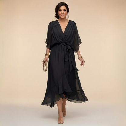 Monica | Vestido midi fluido con escote en V y manga larga