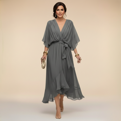 Monica | Vestido midi fluido con escote en V y manga larga