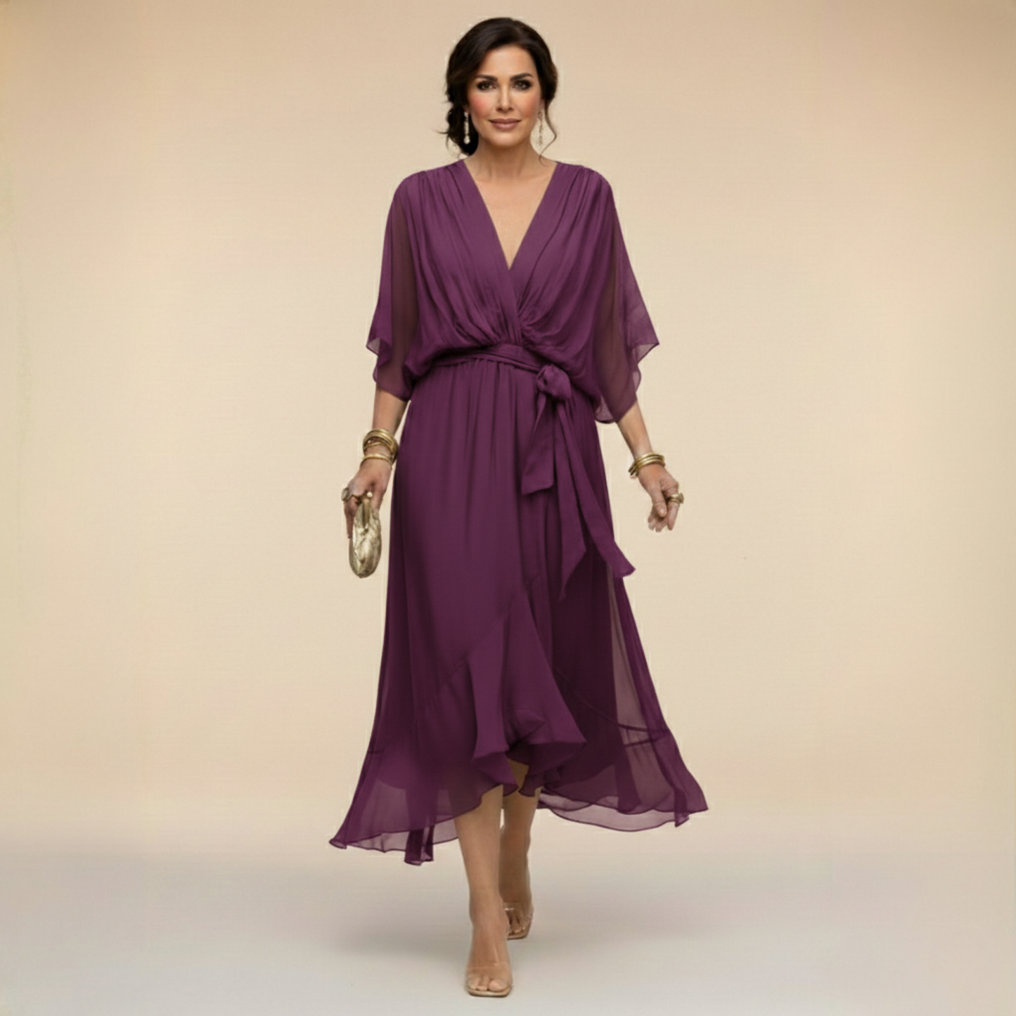 Monica | Vestido midi fluido con escote en V y manga larga