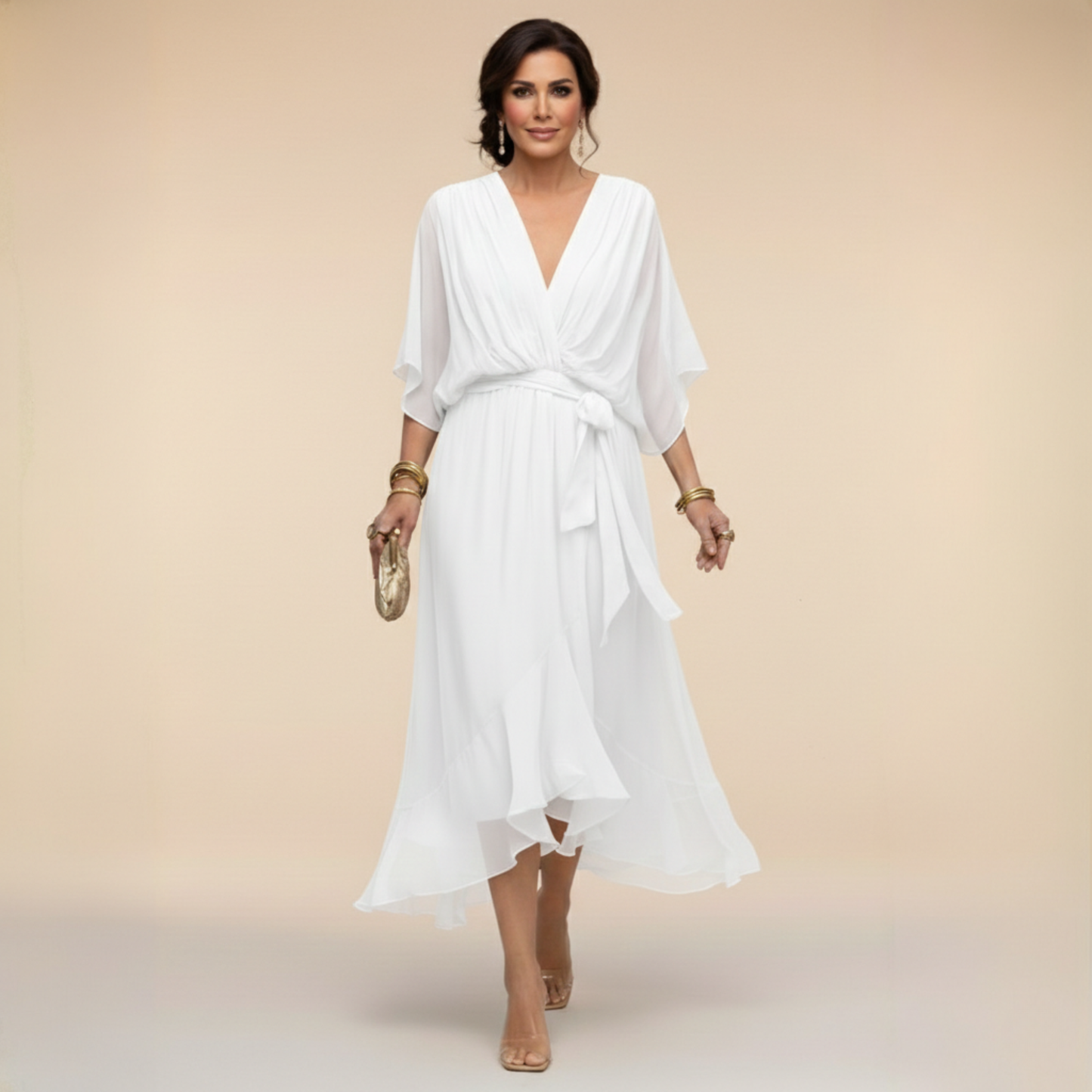 Monica | Vestido midi fluido con escote en V y manga larga
