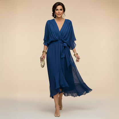 Monica | Vestido midi fluido con escote en V y manga larga