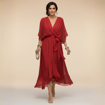 Monica | Vestido midi fluido con escote en V y manga larga