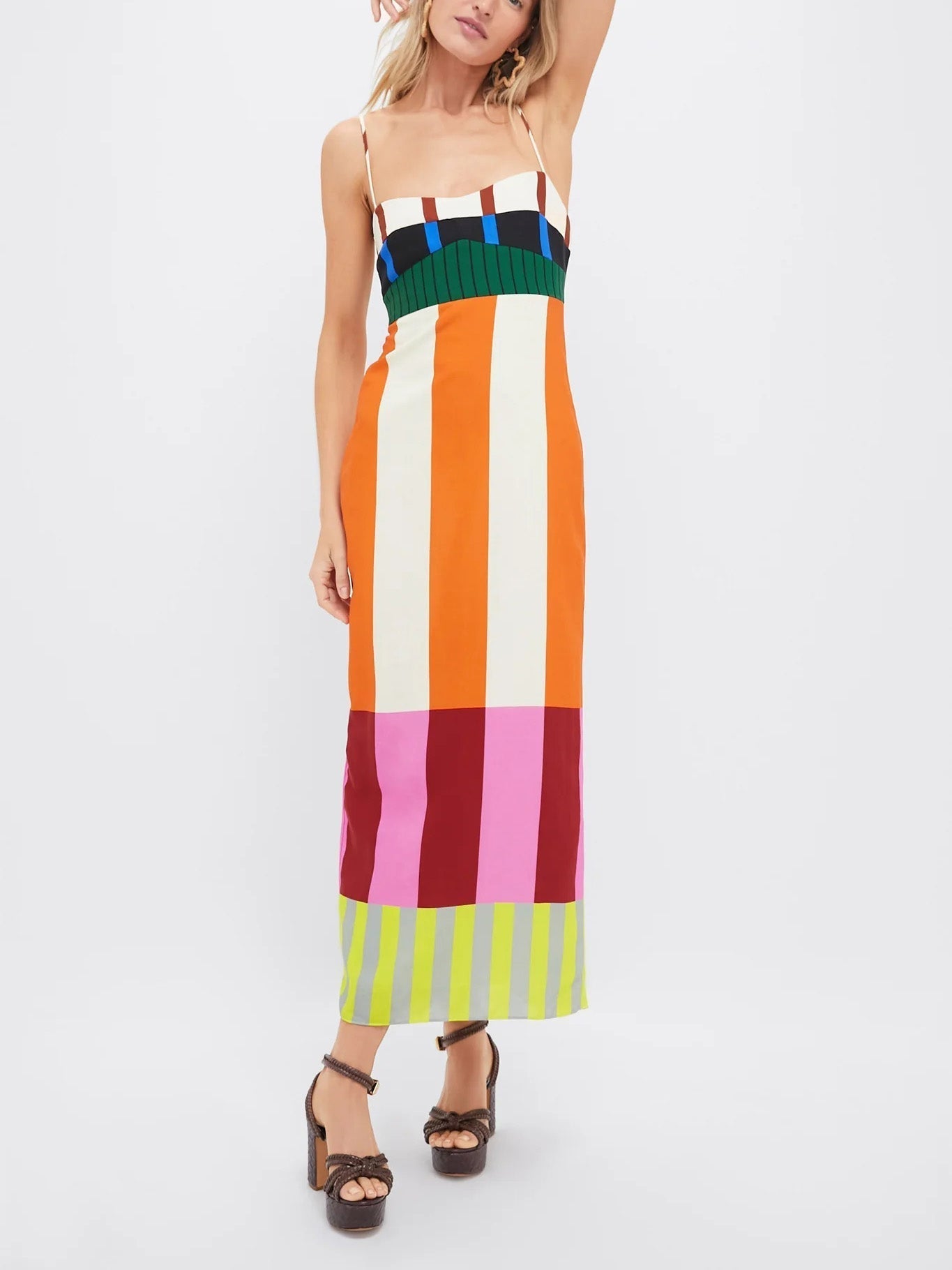 Paloma | Vestido midi de rayas multicolor con tirantes finos