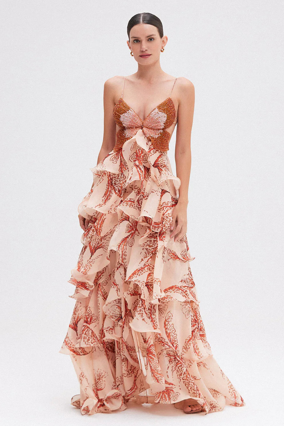 Nahia | Vestido largo con volantes y escote halter estampado