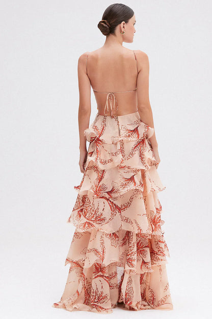 Nahia | Vestido largo con volantes y escote halter estampado