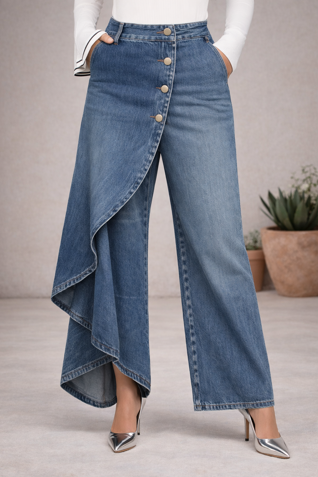 Jeans de pierna ancha con diseño cruzado