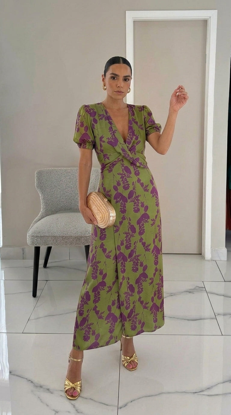 Andrea | Vestido midi estampado con escote en V y manga corta