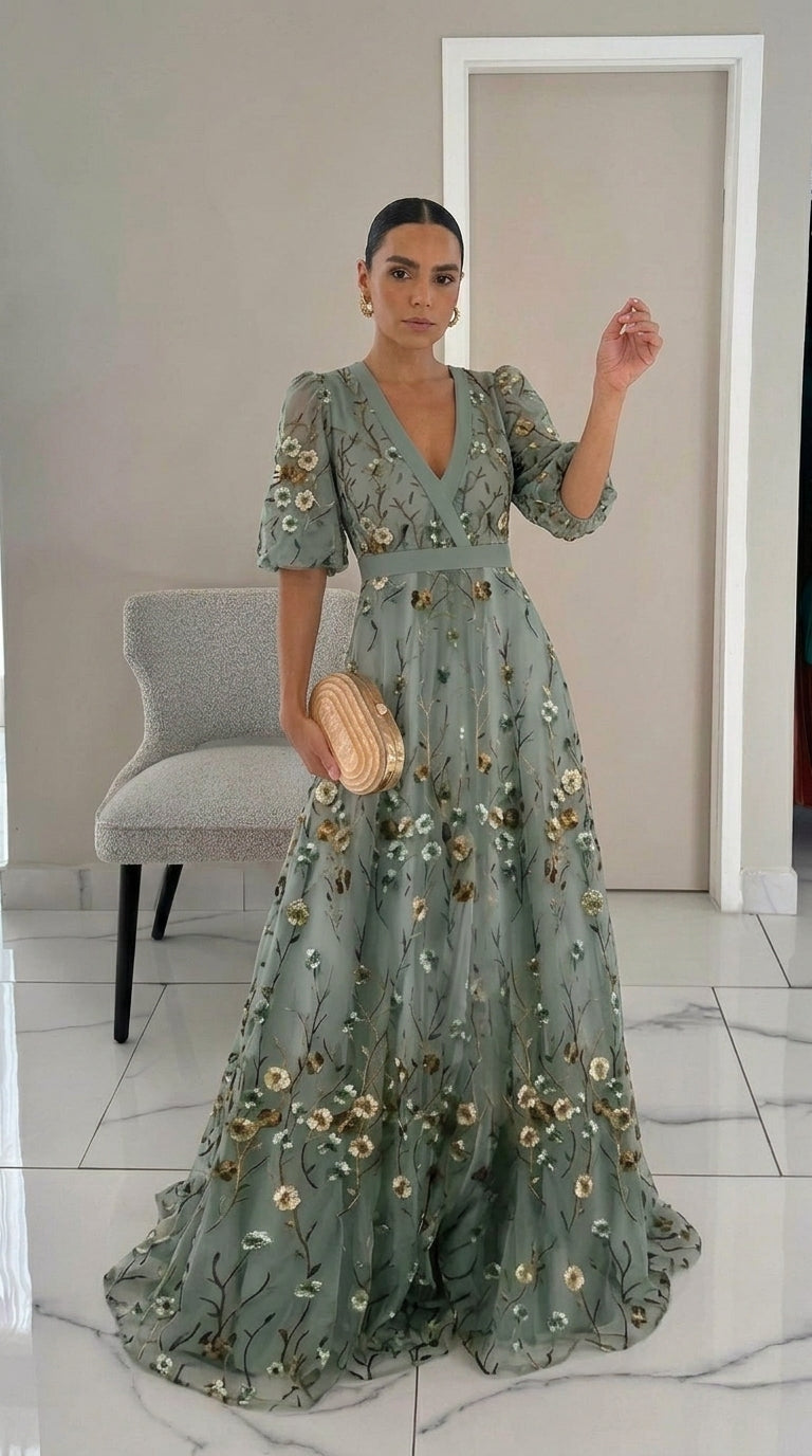 Alma | Vestido largo floral con escote en V y manga corta