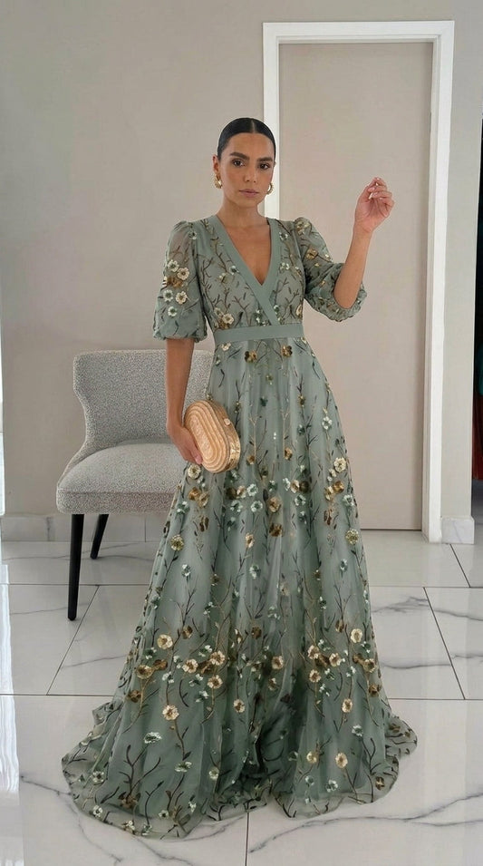 Alma | Vestido largo floral con escote en V y manga corta