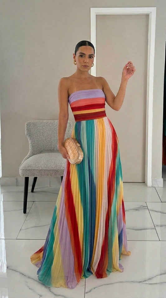 Giulia | Vestido largo sin tirantes con estampado de rayas multicolor