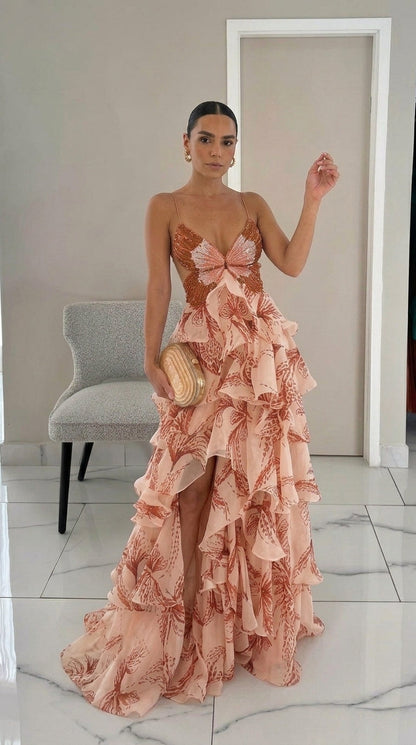 Nahia | Vestido largo con volantes y escote halter estampado