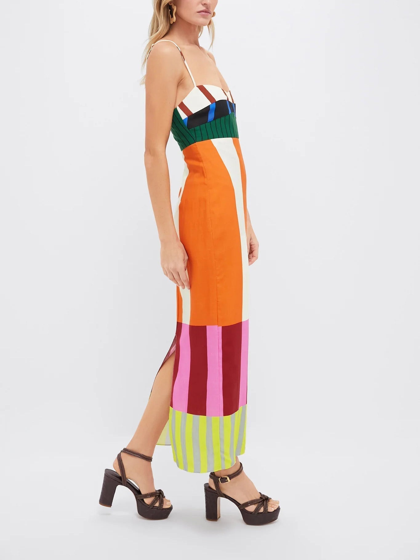 Paloma | Vestido midi de rayas multicolor con tirantes finos