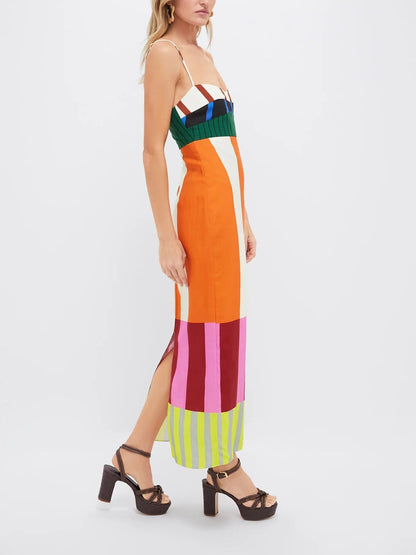 Paloma | Vestido midi de rayas multicolor con tirantes finos