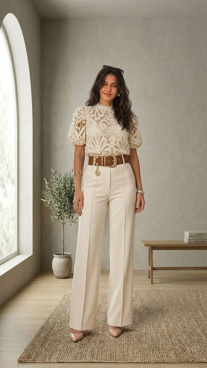 Conjunto elegante de encaje con pantalón de tiro alto