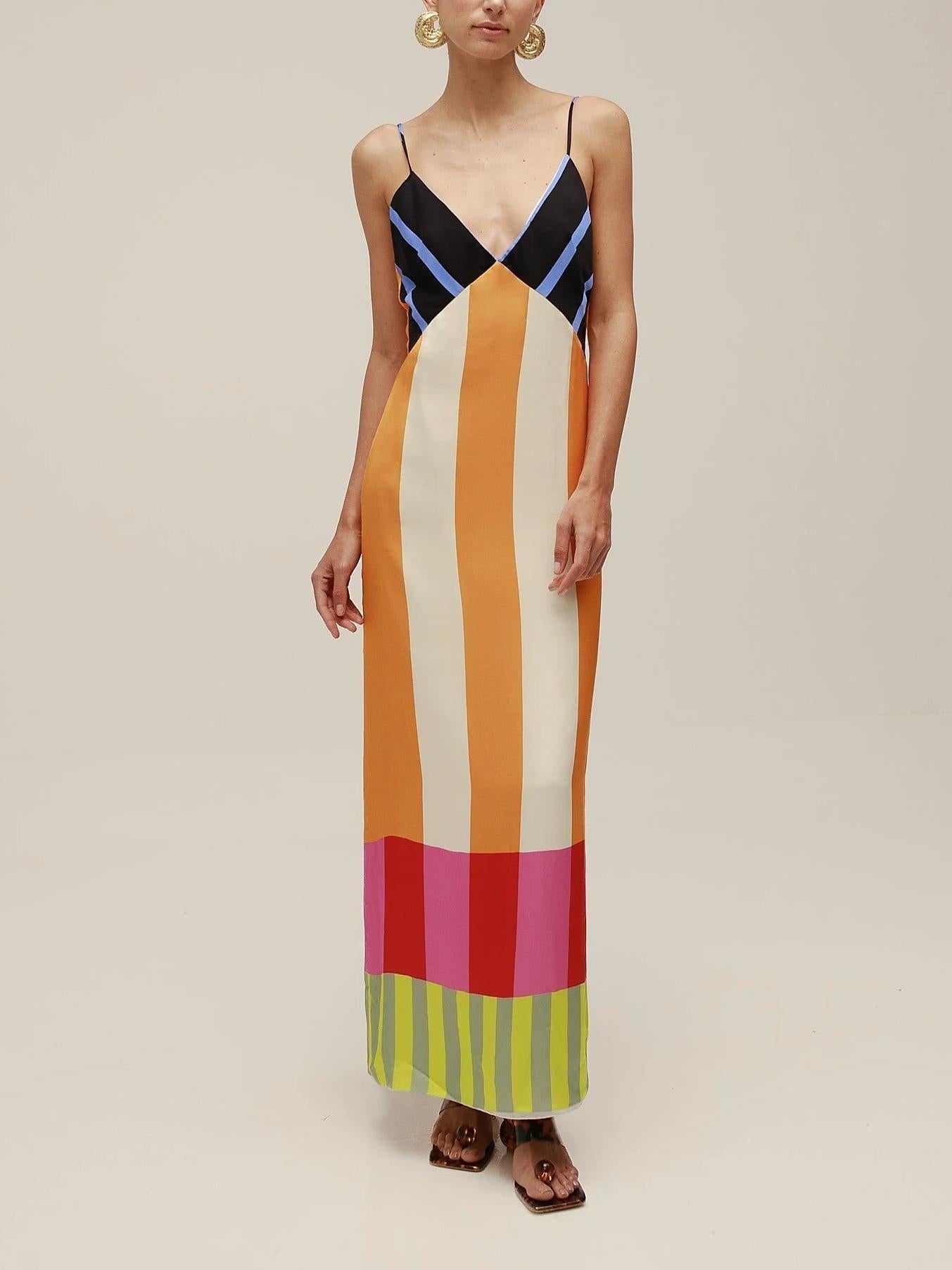 Paloma | Vestido midi de rayas multicolor con tirantes finos