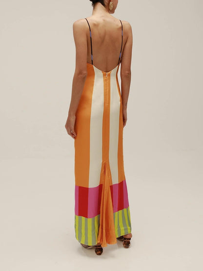 Paloma | Vestido midi de rayas multicolor con tirantes finos