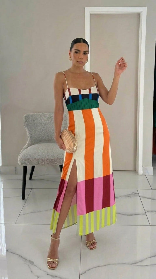 Paloma | Vestido midi de rayas multicolor con tirantes finos