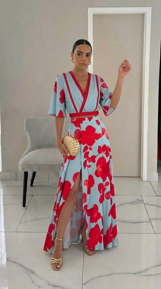 Valentina | Vestido largo estampado con escote en V y cintura definida