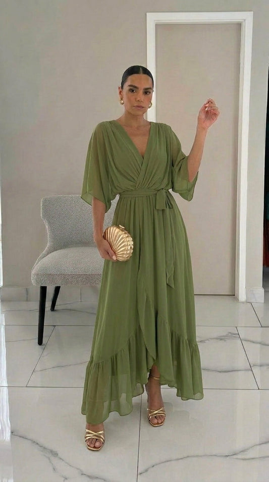 Monica | Vestido midi fluido con escote en V y manga larga