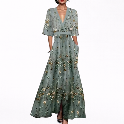 Alma | Vestido largo floral con escote en V y manga corta
