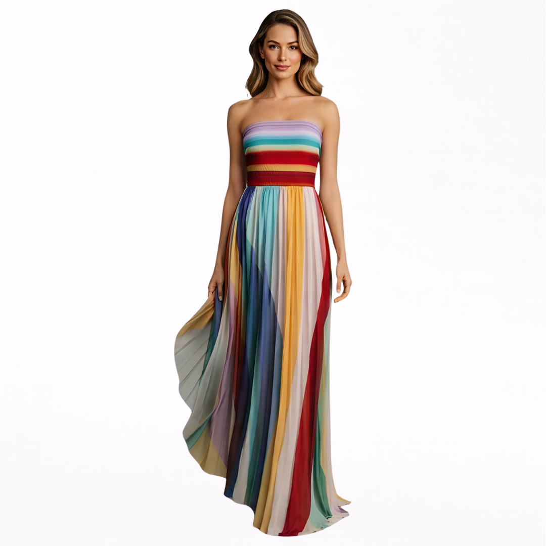 Giulia | Vestido largo sin tirantes con estampado de rayas multicolor