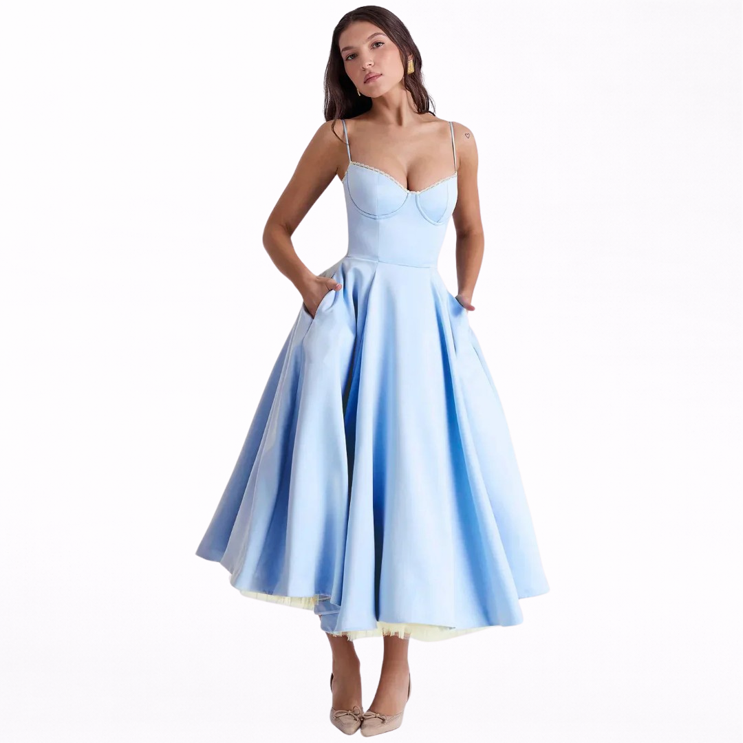 Arielle | Vestido midi sin tirantes con falda amplia
