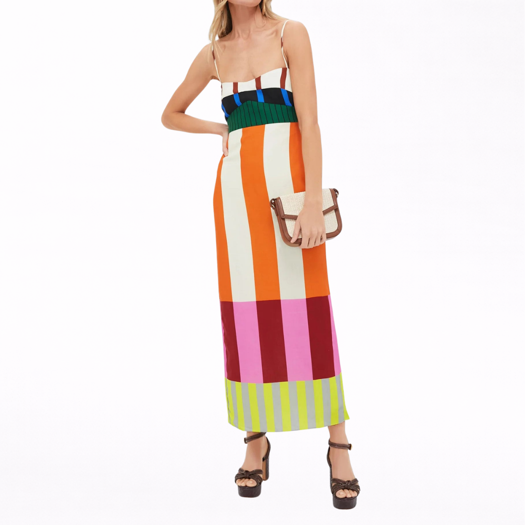 Paloma | Vestido midi de rayas multicolor con tirantes finos
