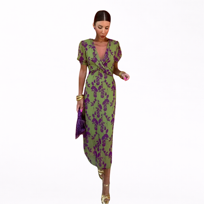 Andrea | Vestido midi estampado con escote en V y manga corta
