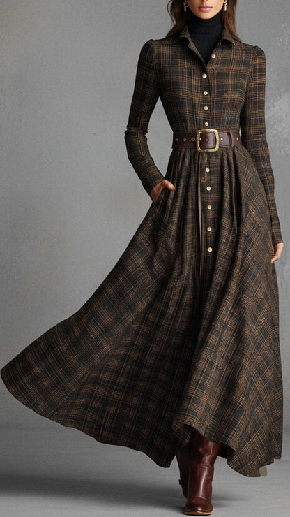 VESTIDO MIDI CUADROS VINTAGE CON CINTURÓN Y FALDA DE VUELO