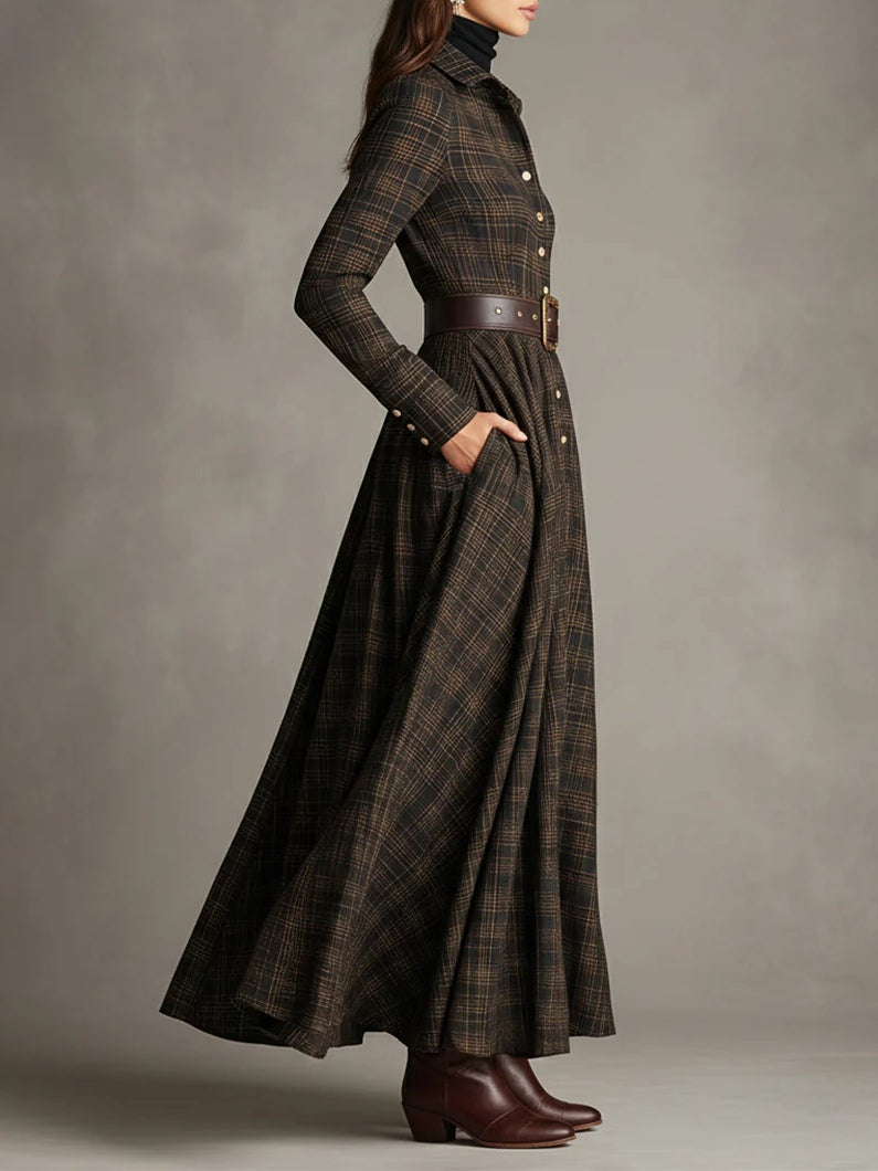 VESTIDO MIDI CUADROS VINTAGE CON CINTURÓN Y FALDA DE VUELO