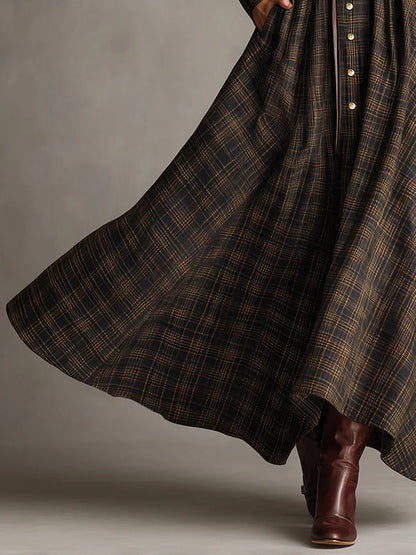 VESTIDO MIDI CUADROS VINTAGE CON CINTURÓN Y FALDA DE VUELO