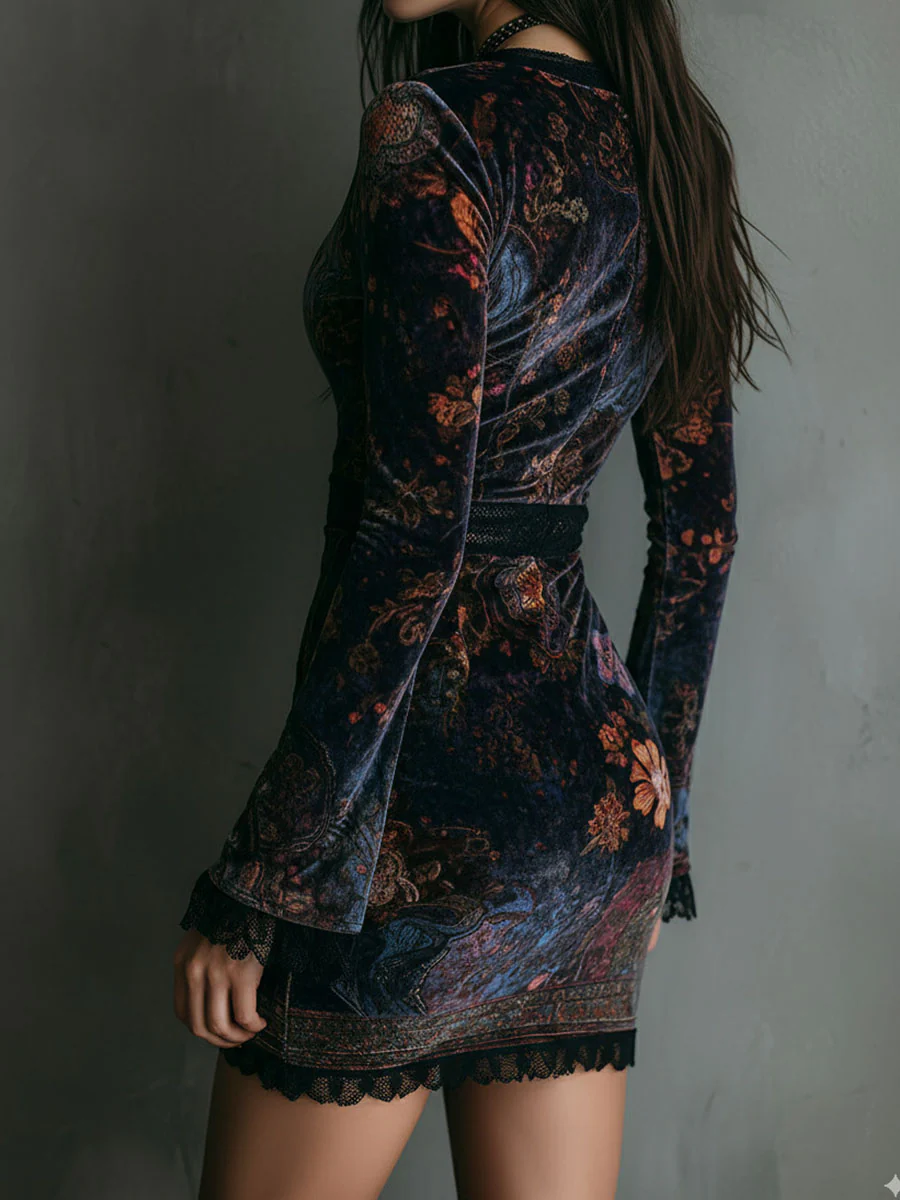 VESTIDO CORTO ESTAMPADO CON ESCOTE EN V Y MANGA LARGA