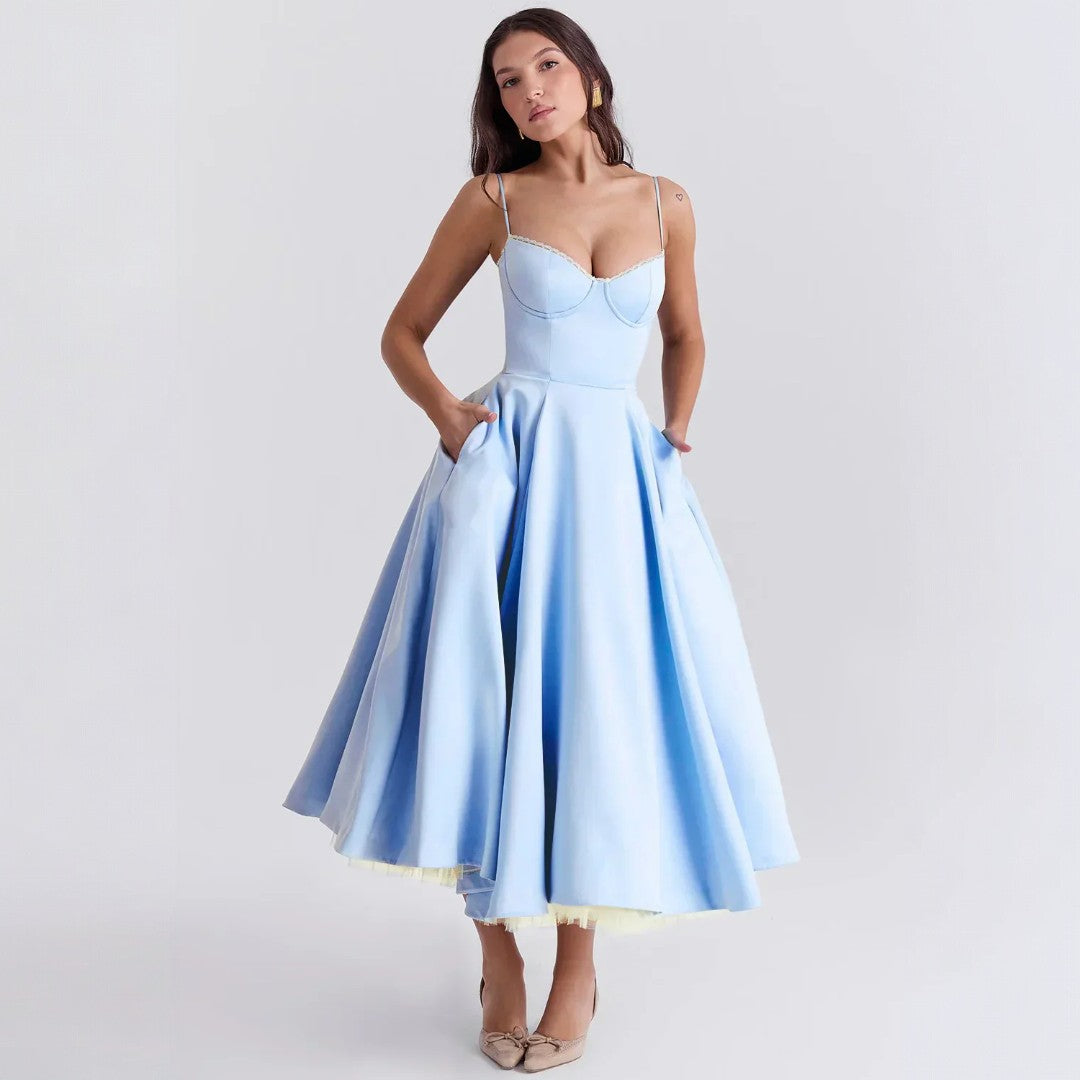 Arielle | Vestido midi sin tirantes con falda amplia