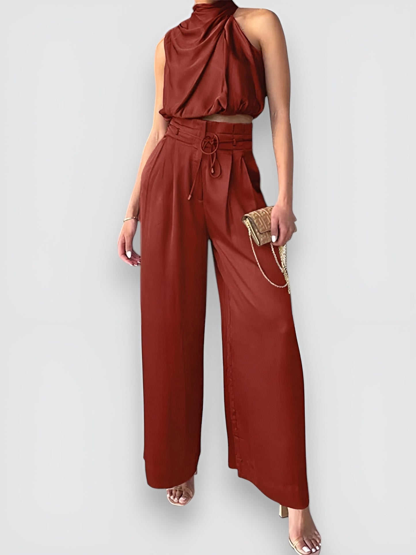 Conjunto elegante con top sin mangas y pantalón amplio