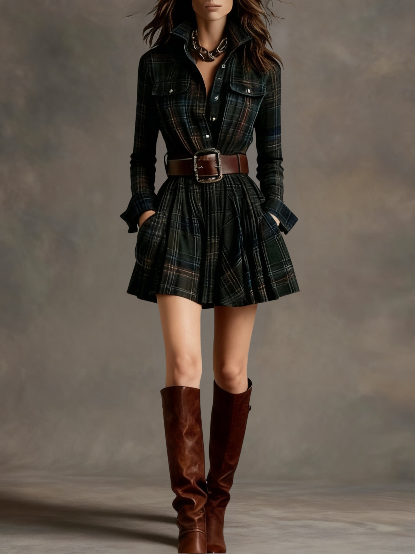VESTIDO CORTO DE CUADROS CON CINTURÓN Y MANGA LARGA