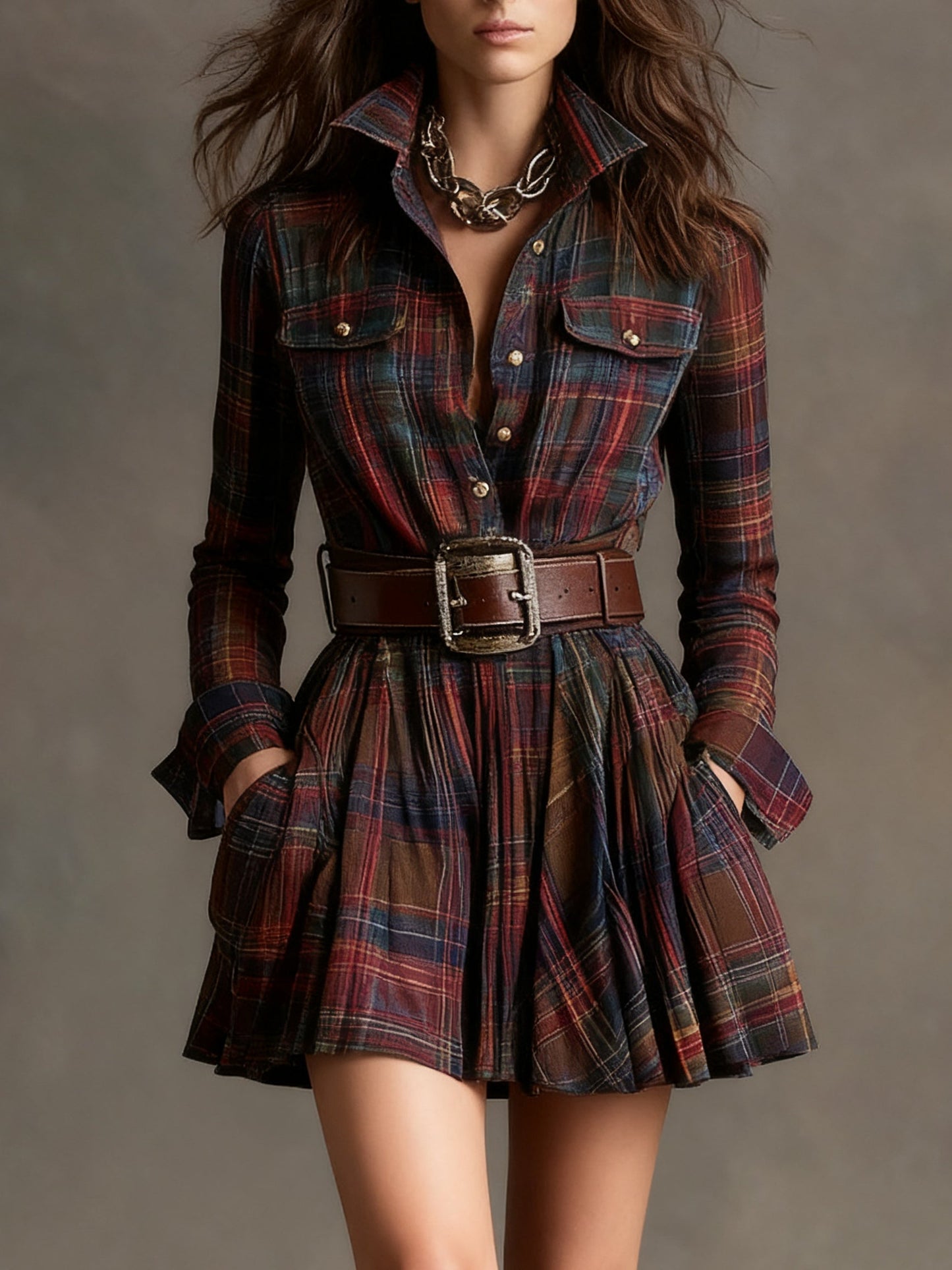 VESTIDO CORTO DE CUADROS CON CINTURÓN Y MANGA LARGA
