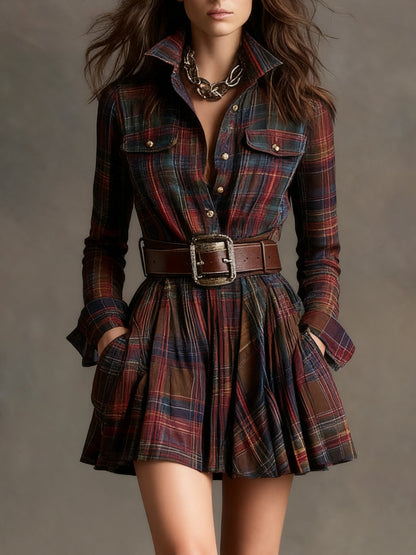 VESTIDO CORTO DE CUADROS CON CINTURÓN Y MANGA LARGA