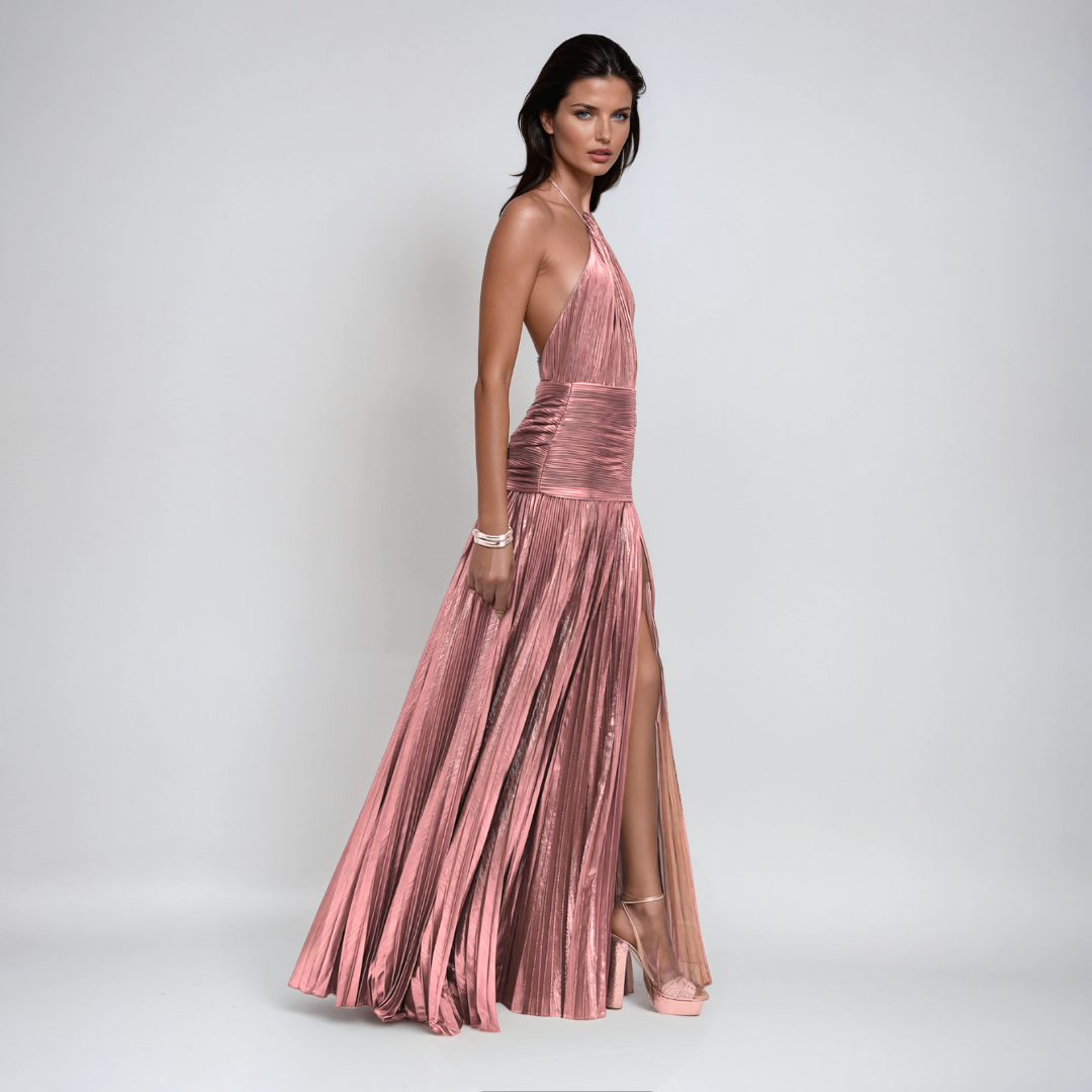 Emma | Vestido largo satinado con escote halter y abertura lateral